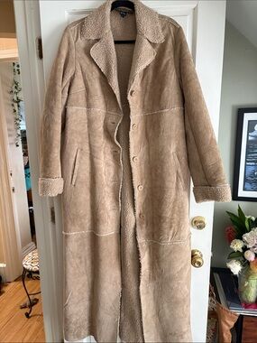 Brandon Thomas Long Shearling Trench Coat in Tan